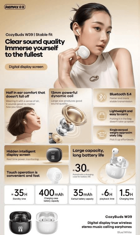 W39 Auriculares Inalámbricos con Pantalla Digital