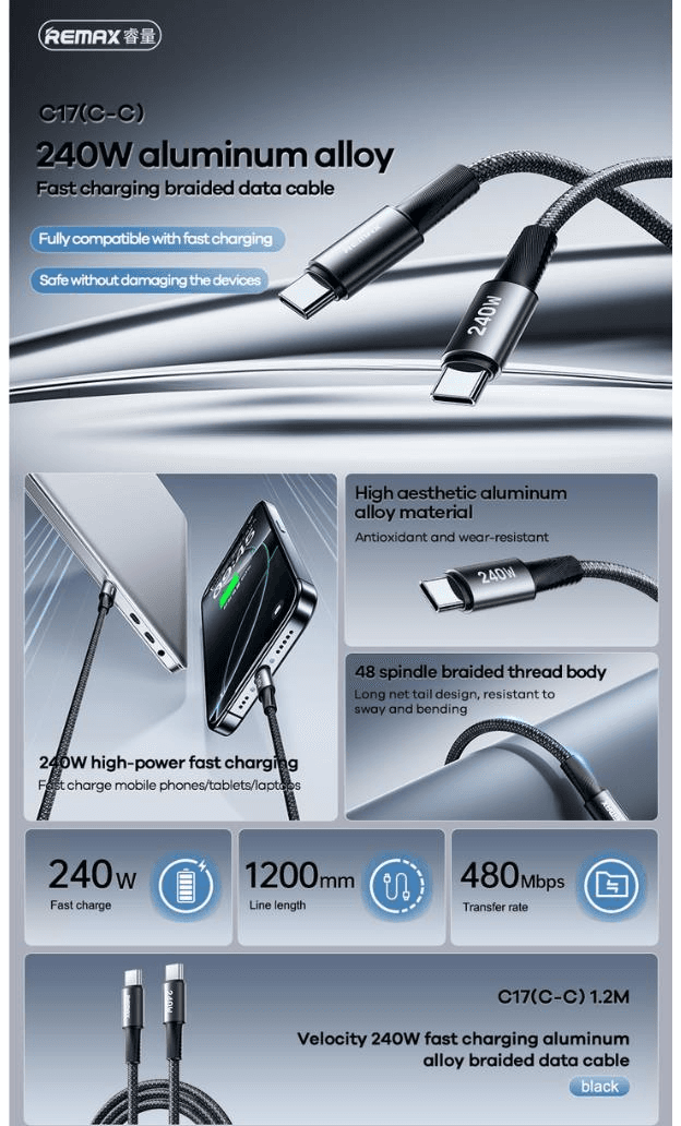 C-17 Cable de Datos de Aluminio con Carga Rápida de 240W