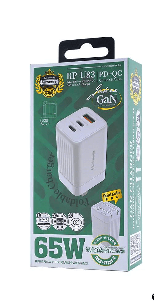RP-U83 Cargador Plegable de 3 Dispositivos con Tecnología GAN y Carga Rápida QC 65W