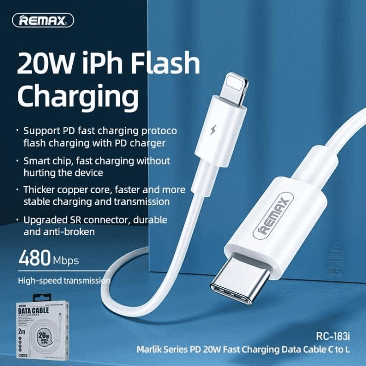 RC-183I - Cable USB Lightning a Type C con Carga Rápida de 20W y 2 Metros de Largo