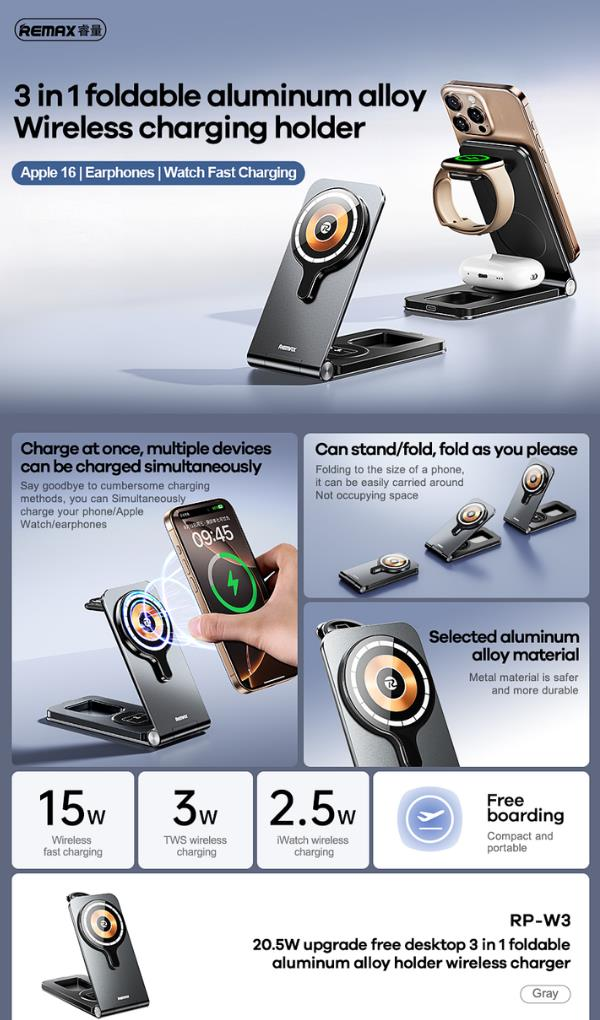RP-W3 Cargador Inalámbrico Plegable de Aluminio para Escritorio 3 en 1