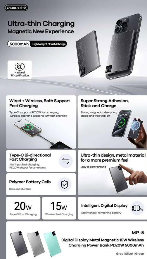 MP-5 Power Bank Inalámbrico con Carga Rápida PD 20W