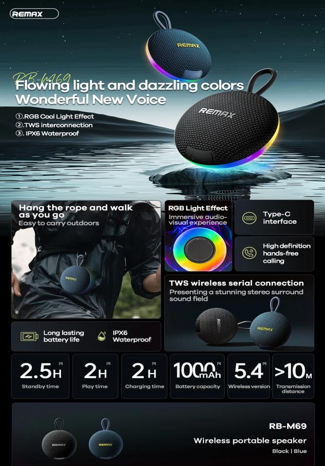 RB-M69 Altavoz Portátil Inalámbrico con Luces RGB y Resistencia al Agua imagen 3