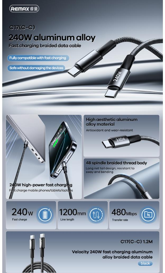 C-17 Cable de Datos de Aluminio con Carga Rápida de 240W