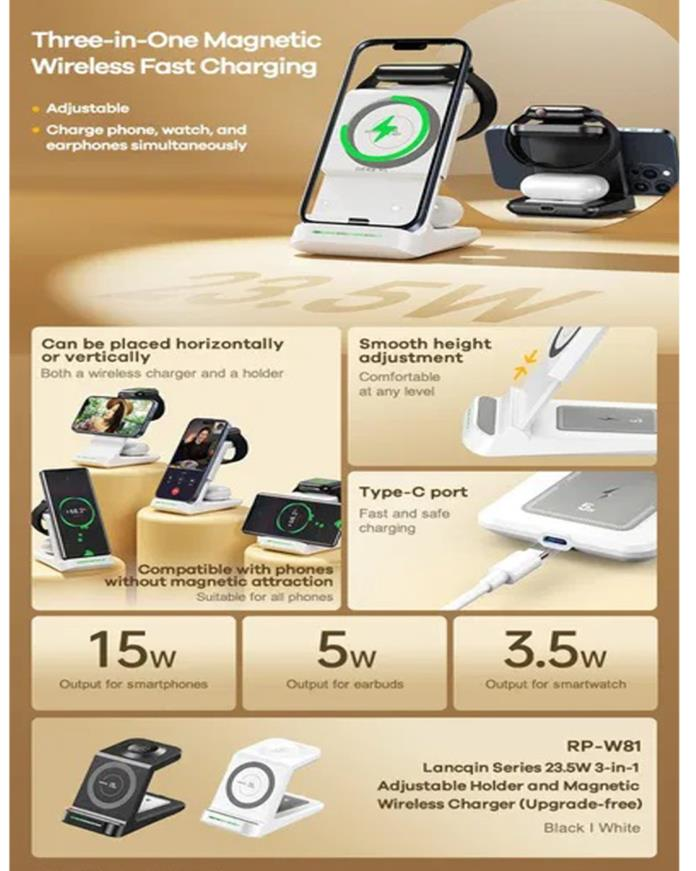 RP-W81 Cargador Inalámbrico Magnético Ajustable 3 en 1 con Soporte MagSafe imagen 2
