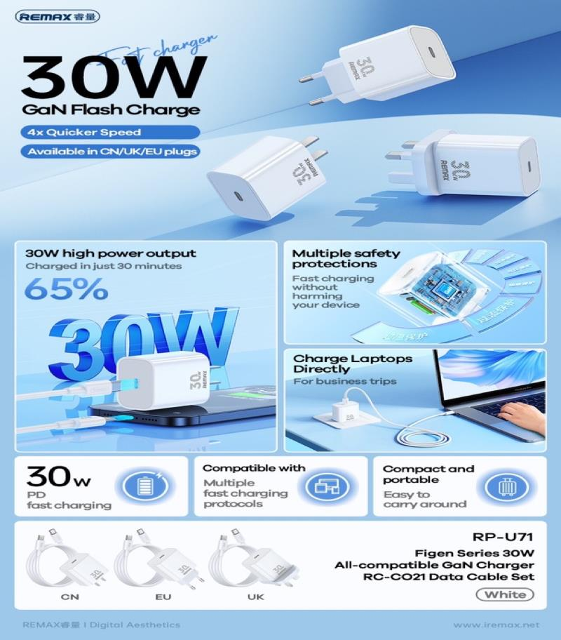 RP-U71 Cargador Rápido 30W con Tecnología GAN y Cable USB-C imagen 3