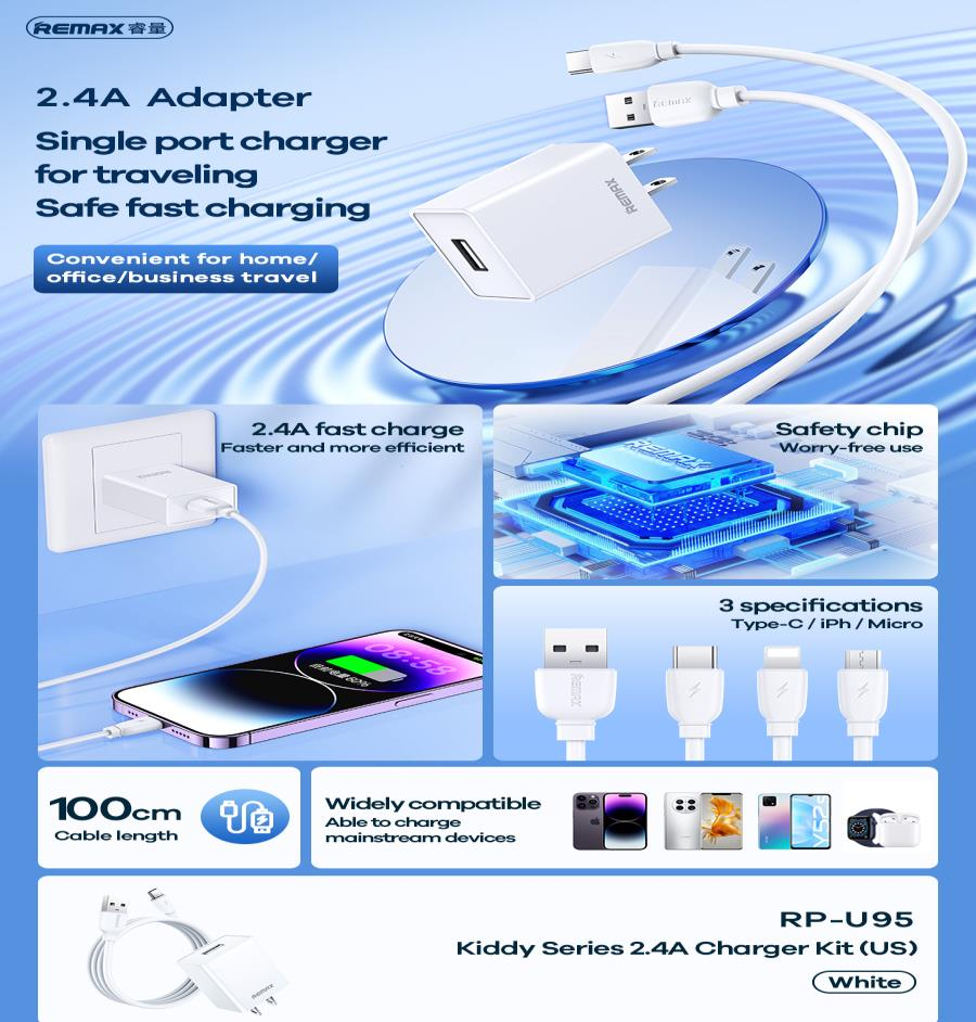 RP-U95 Cargador y Cable de Datos para Apple y Android de 2.4 AMP imagen 2